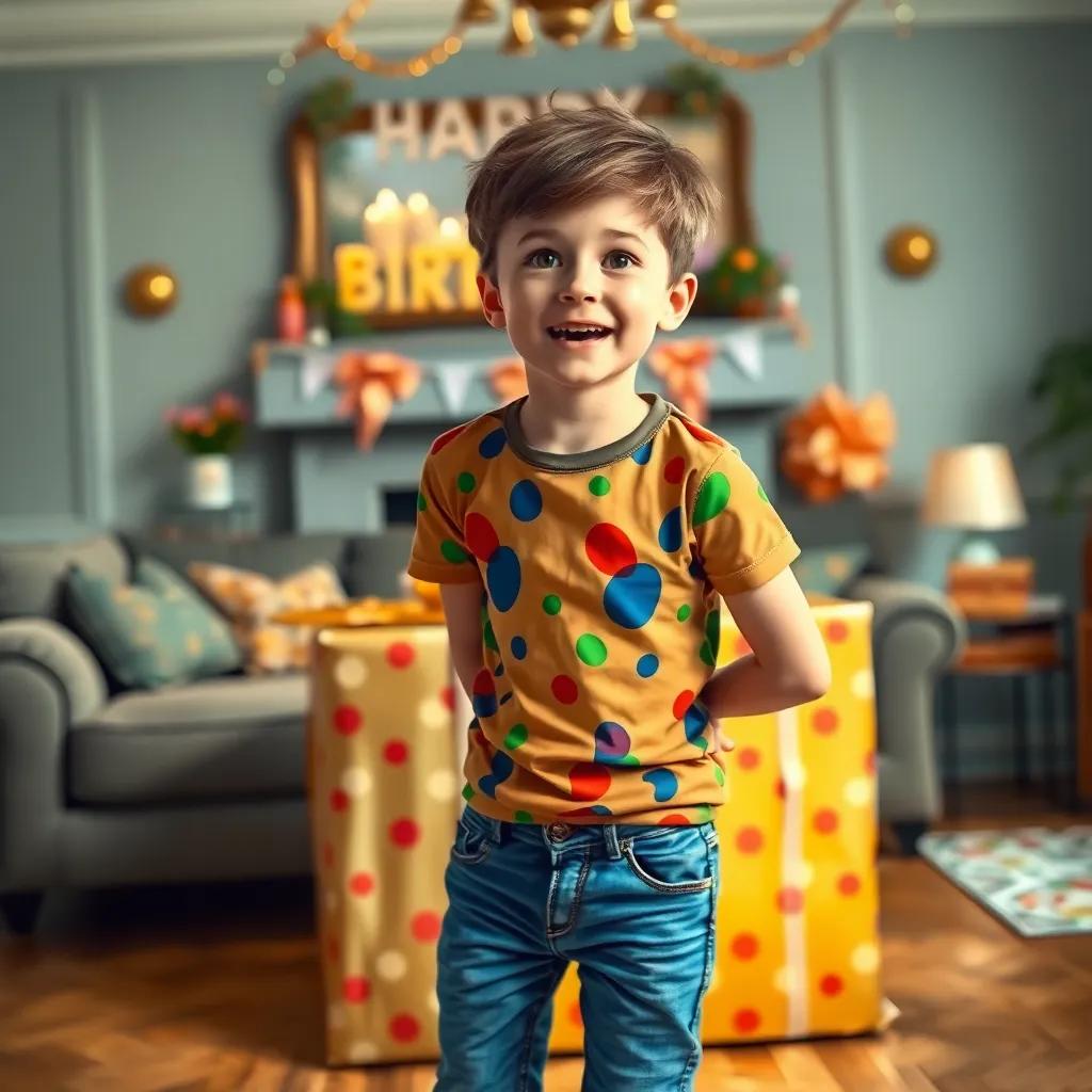 A young boy, Levi, with short brown hair, wearing a colorful t-shirt and jeans, standing in front of a big wrapped gift in a cozy living room, excited expression, birthday decorations in the background, cheerful, vibrant, high quality