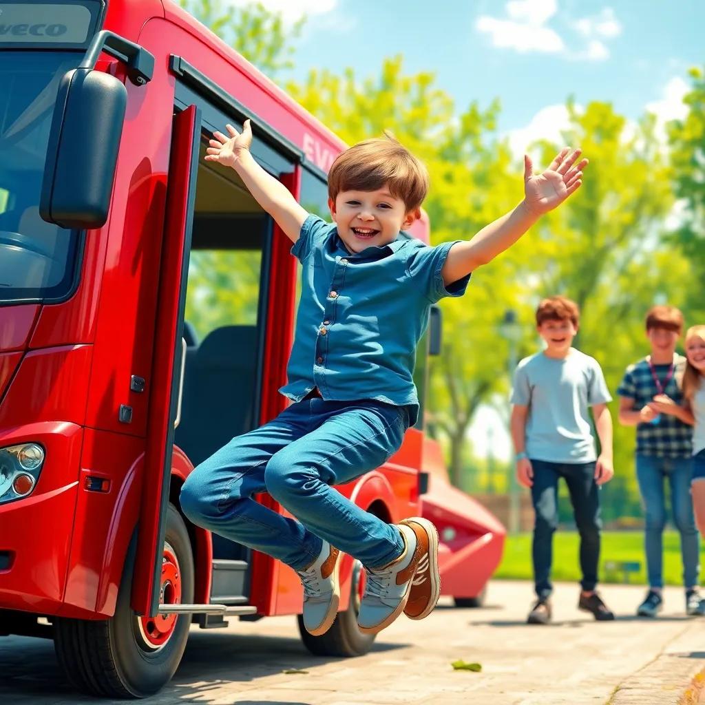 Levi, a young boy with short brown hair, jumping with joy next to a shiny red Iveco bus toy, surrounded by his friends laughing and playing in a bright sunny park, colorful atmosphere, joyful expressions, high quality