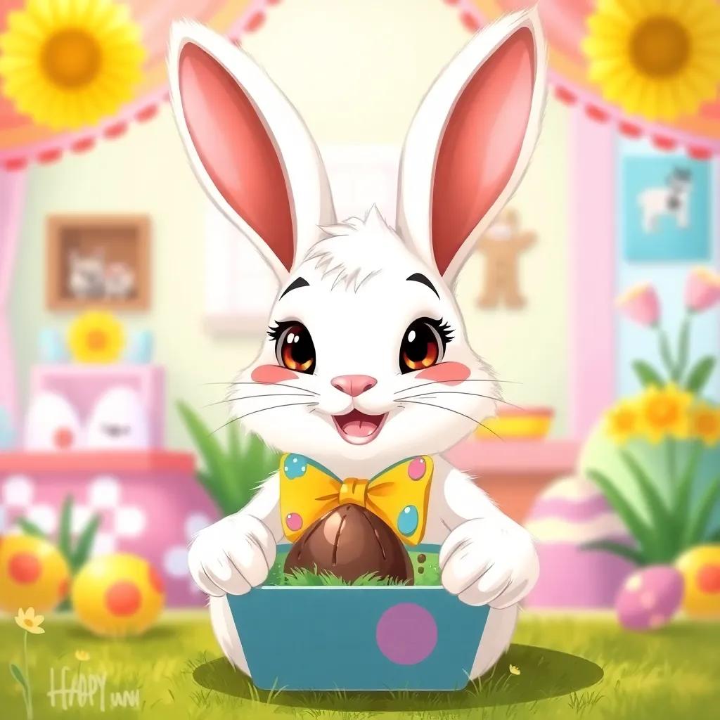 A happy rabbit named Tobias, with fluffy white fur wearing a colorful bowtie, packaging a chocolate egg in a cheerful decorated setting with pastel colors, digital art, bright and colorful, warm light, inviting atmosphere, high quality