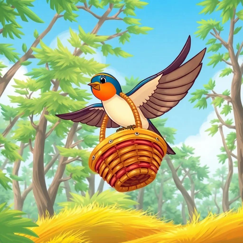 A swift swallow carrying a colorful basket in a windy forest, the basket is about to be lost, with green trees swaying, dynamic perspective, vibrant colors, action scene, high quality