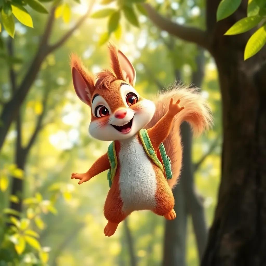 A cheerful little squirrel named Tico, wearing a tiny backpack, jumping happily between trees, bright sunlight filtering through leaves, animated, vibrant colors, friendly atmosphere, high quality