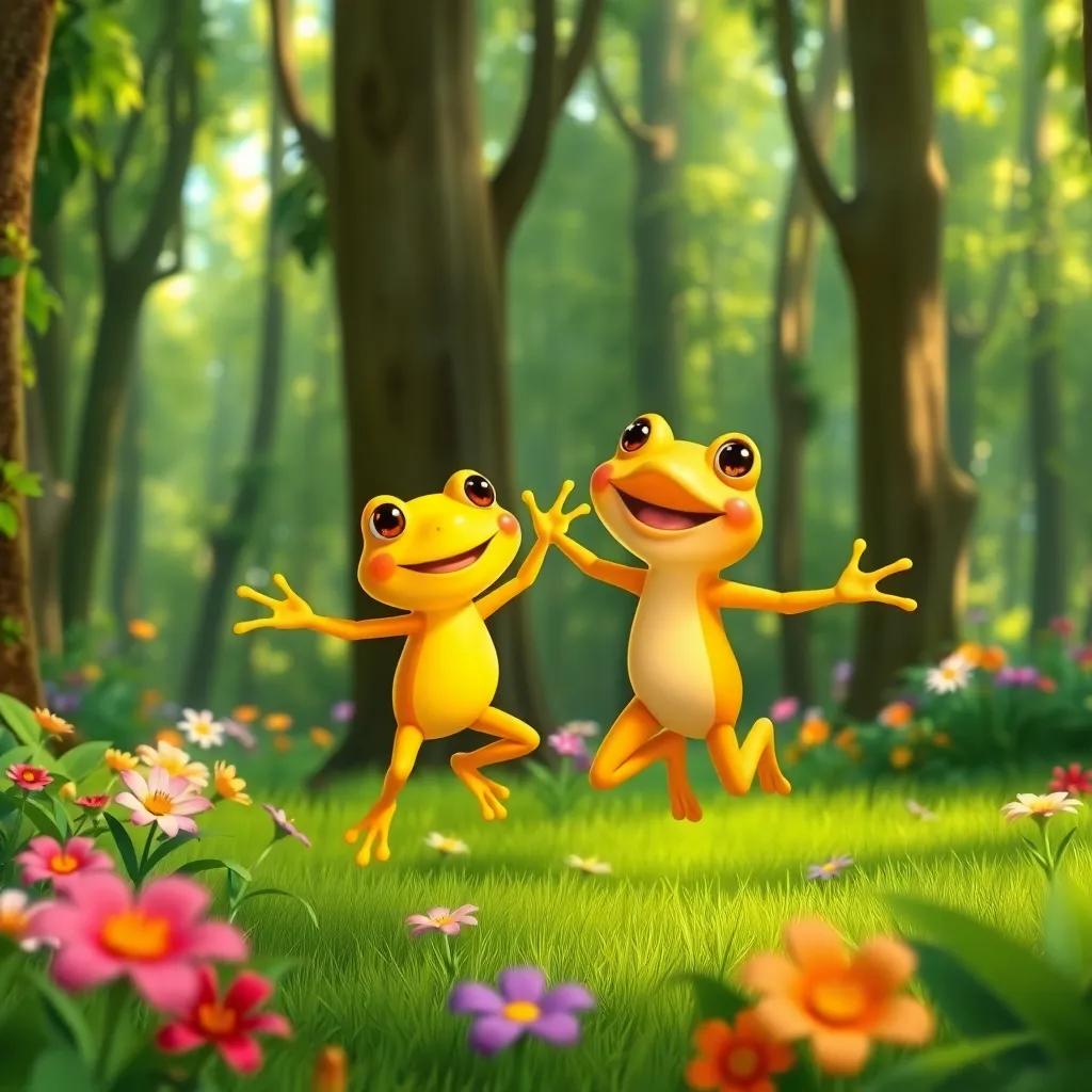 Ana, a yellow frog with bright skin, jumping happily next to Cururu, in a lush green forest, with tall trees and colorful flowers all around, joyful atmosphere, child-friendly illustration, warm light, high quality