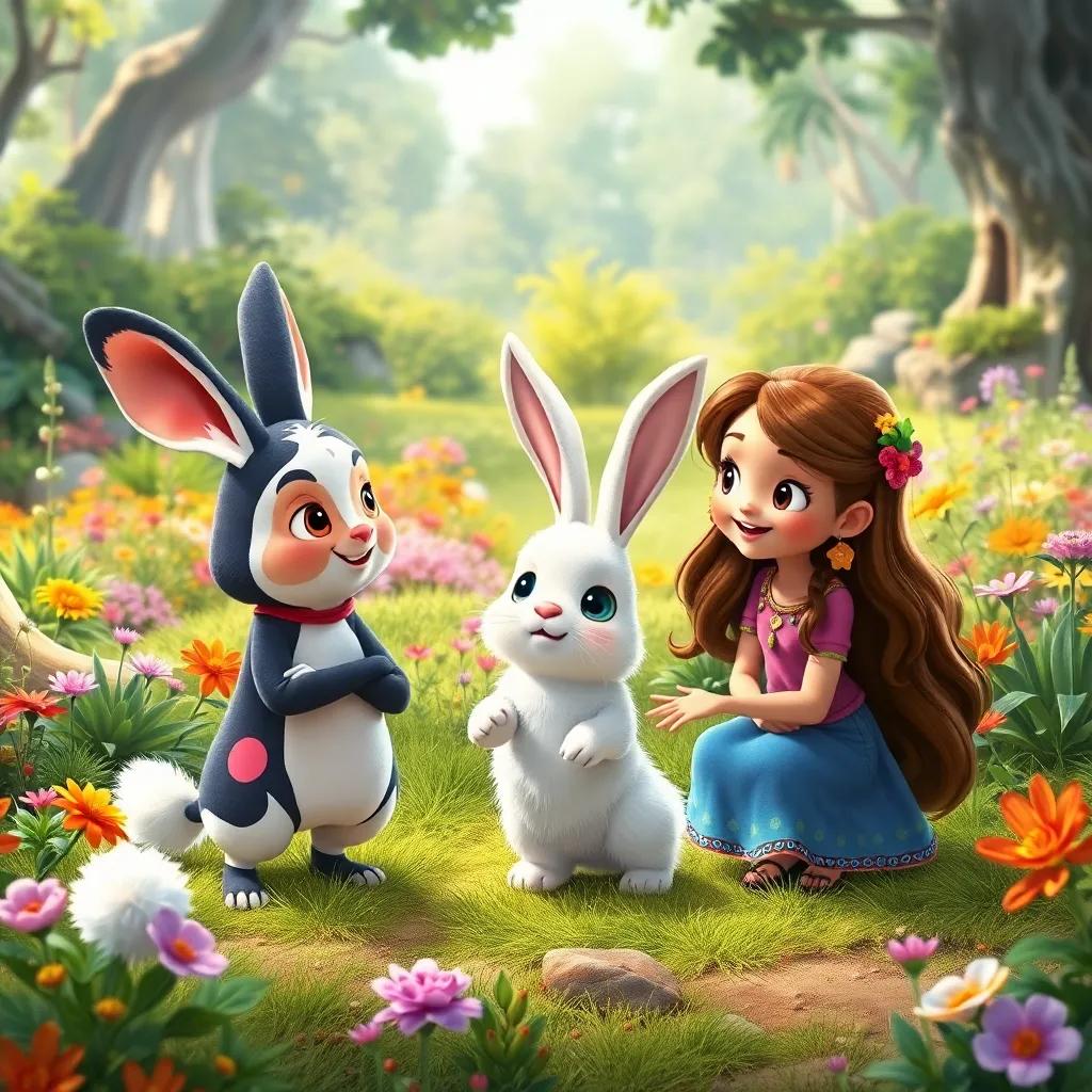 Cururu and Ana meeting Beto, a fluffy white rabbit with long ears, in a vibrant woodland clearing with colorful plants and flowers, cheerful interaction, colorful and lively, digital art, detailed style, high quality