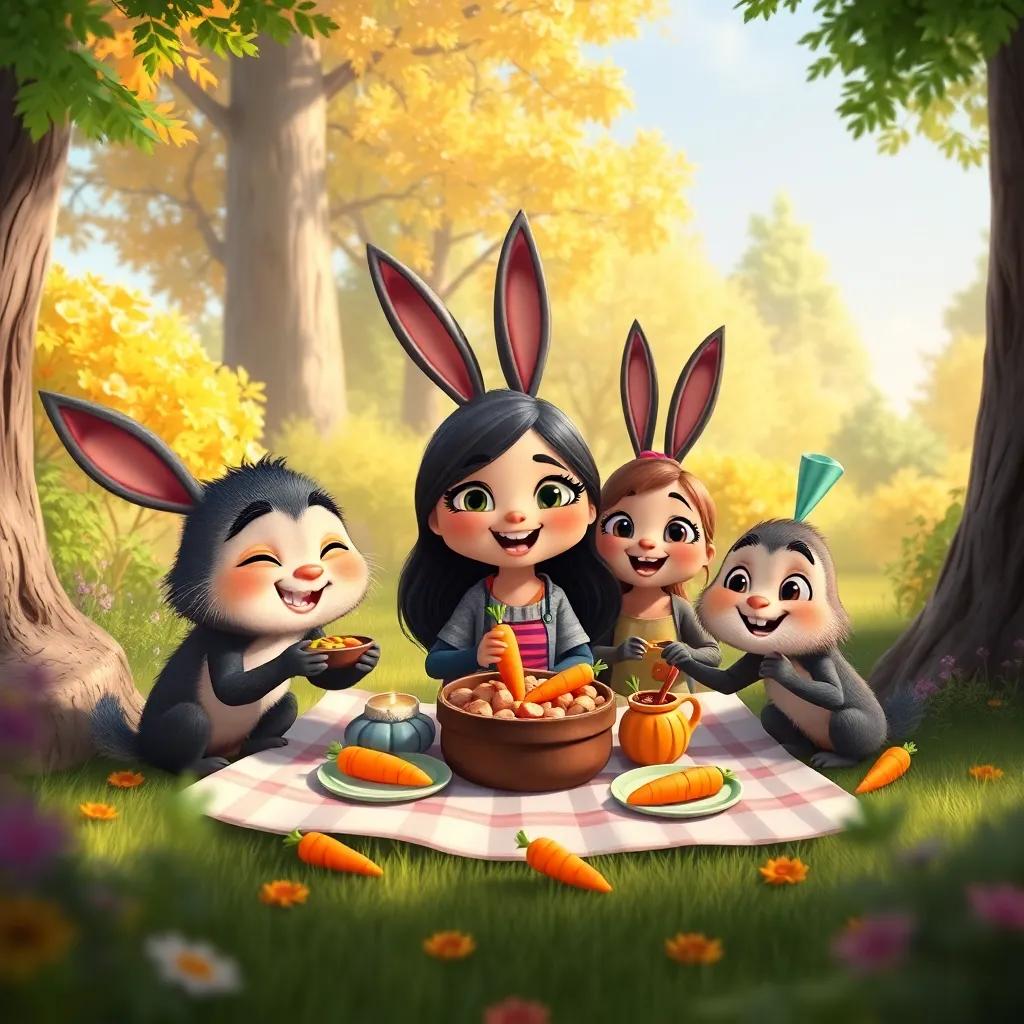 Cururu, Ana, and Beto enjoying a picnic with carrots around in a sunny forest glade, surrounded by beautiful nature, colorful food and happy expressions, cheerful and fun, illustration, high quality