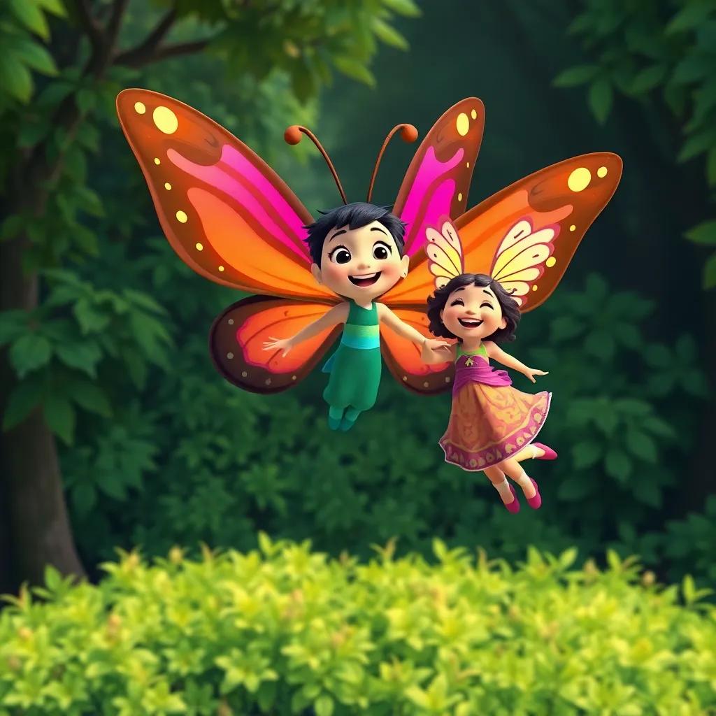 Cururu, Ana and Beto with Lili, a colorful butterfly with bright wings, flying together in the air over the forest, lush green background, fun and joyous atmosphere, illustration, high quality