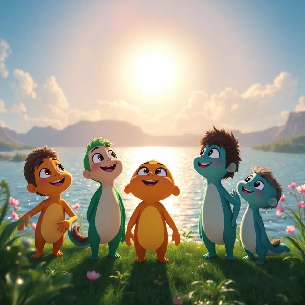 Cururu and his friends looking amazed at a shimmering lake under the sun, surrounded by shimmering water and greenery, friendly expressions, joyful atmosphere, colorful digital art, high quality