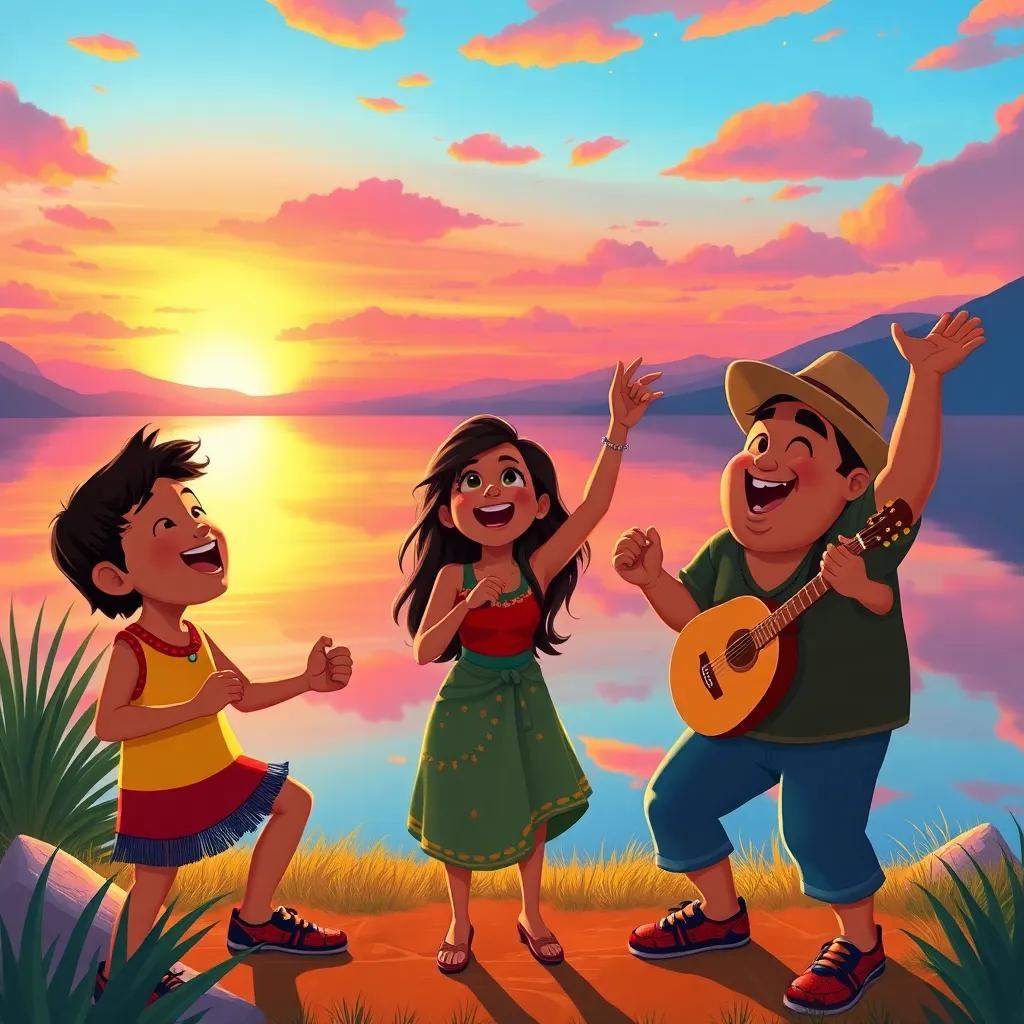 Cururu, Ana, and Beto celebrating by the lake, singing and dancing under a colorful sunset, happy faces and vibrant colors, warm atmosphere, illustration, high quality