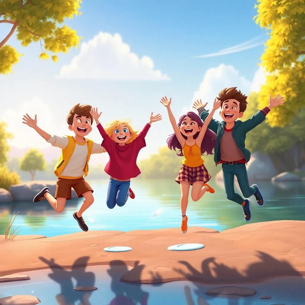 The friends jumping joyfully together by the lake, showing teamwork and happiness, vibrant and colorful setting, cartoon style, warm light, high quality