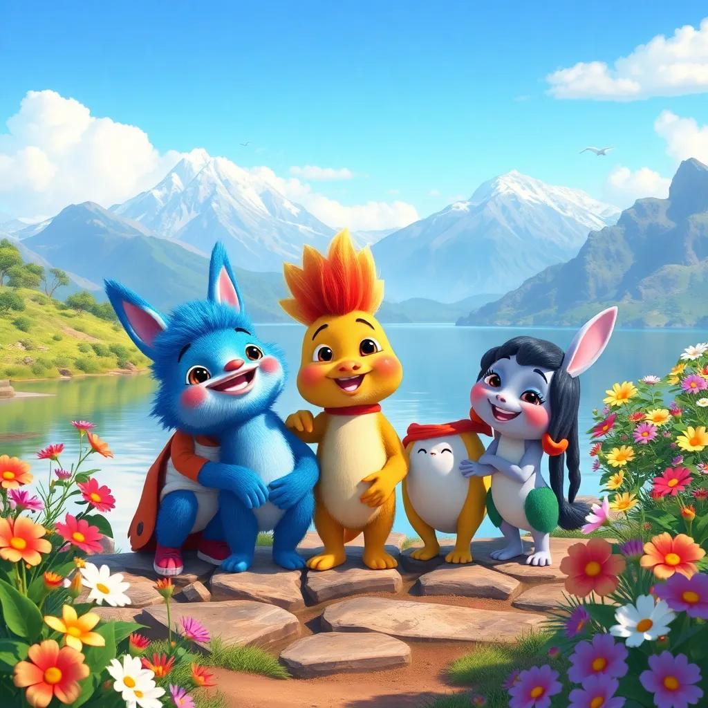Cururu and his friends by the lake, surrounded by beautiful nature and colorful flowers, completing their journey together, joyful expressions, colorful art, high quality