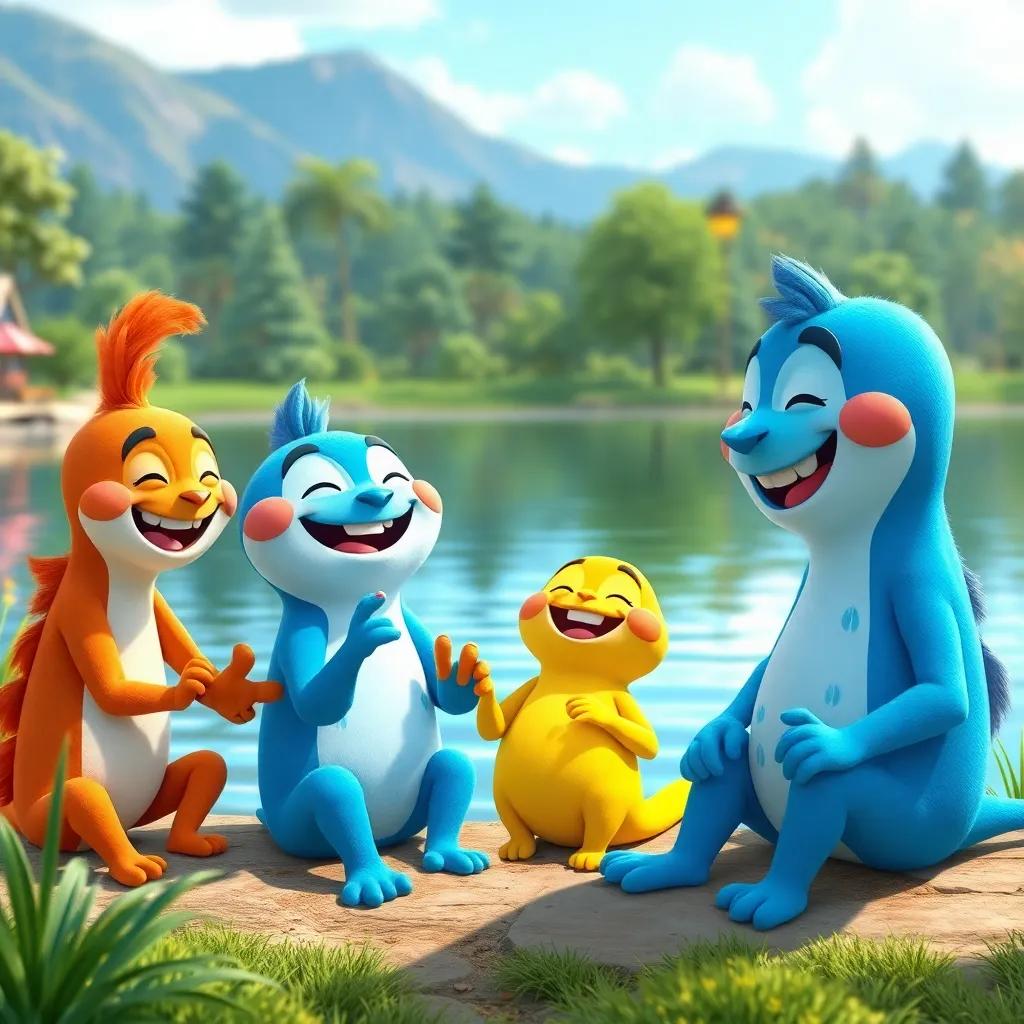 Cururu and his friends having fun together, laughing and enjoying each other's company by the lake, cheerful and vibrant, colorful scenery, high quality
