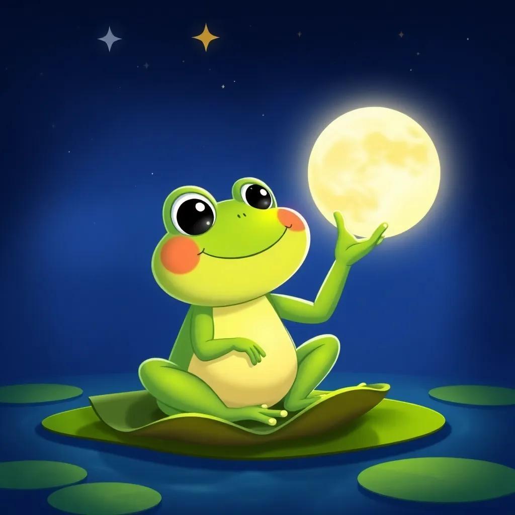 A happy green frog dreaming of touching the moon, sitting on a lily pad under a starry night sky, glowing moon above, cheerful atmosphere, vibrant colors, friendly vibe, digital art, child-friendly illustration