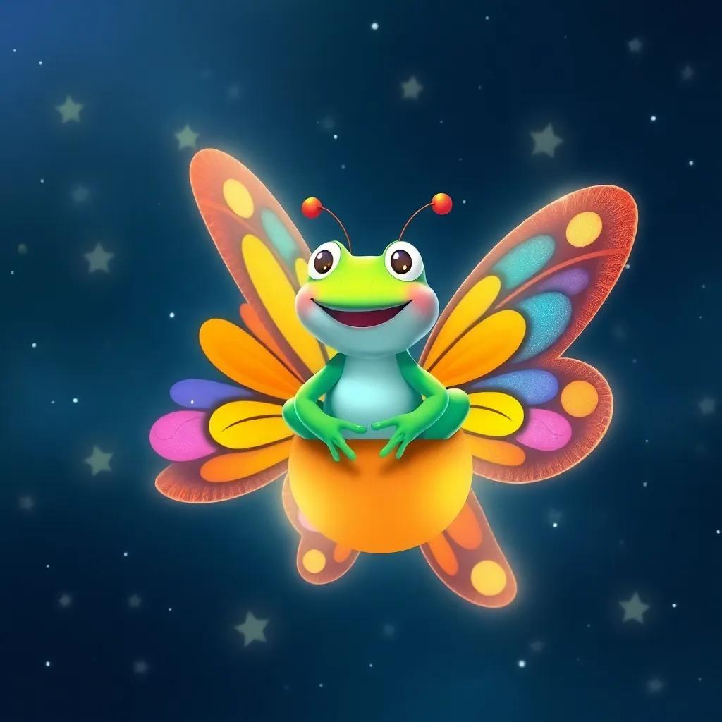 A colorful butterfly with light wings, carrying the frog gently in the night sky, surrounded by twinkling stars, smiling with joy, artistic, whimsical, brightly colored