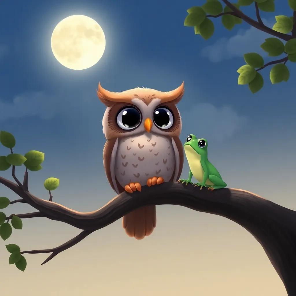 A wise owl sitting on a tree branch, with big, kind eyes, watching the brave frog, under a moonlit sky, showcasing wisdom and guidance, charming style, warm light