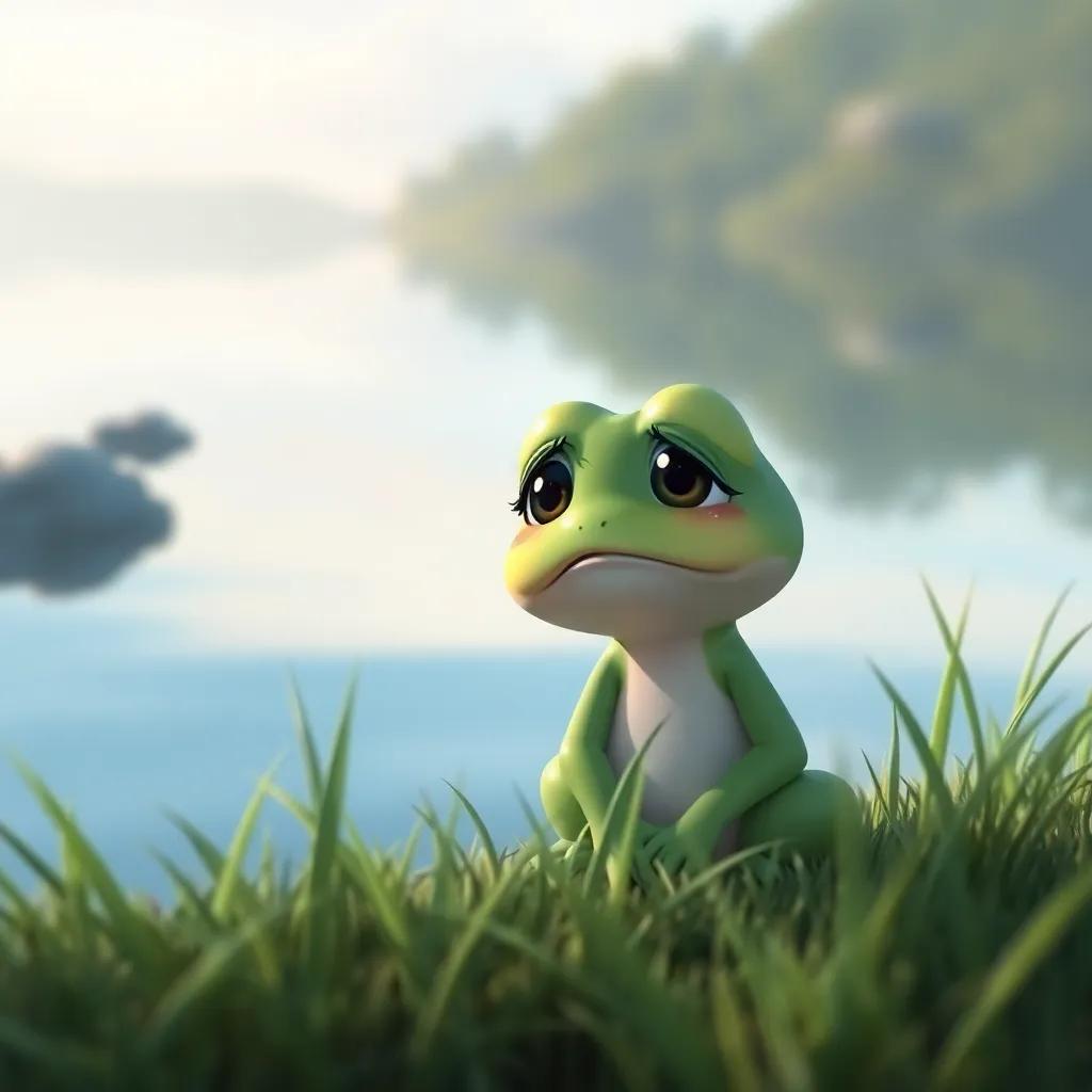 A sad little frog by the edge of a serene lake, with teary eyes, looking for friends, surrounded by soft grass, gentle colors, emotional yet heartwarming