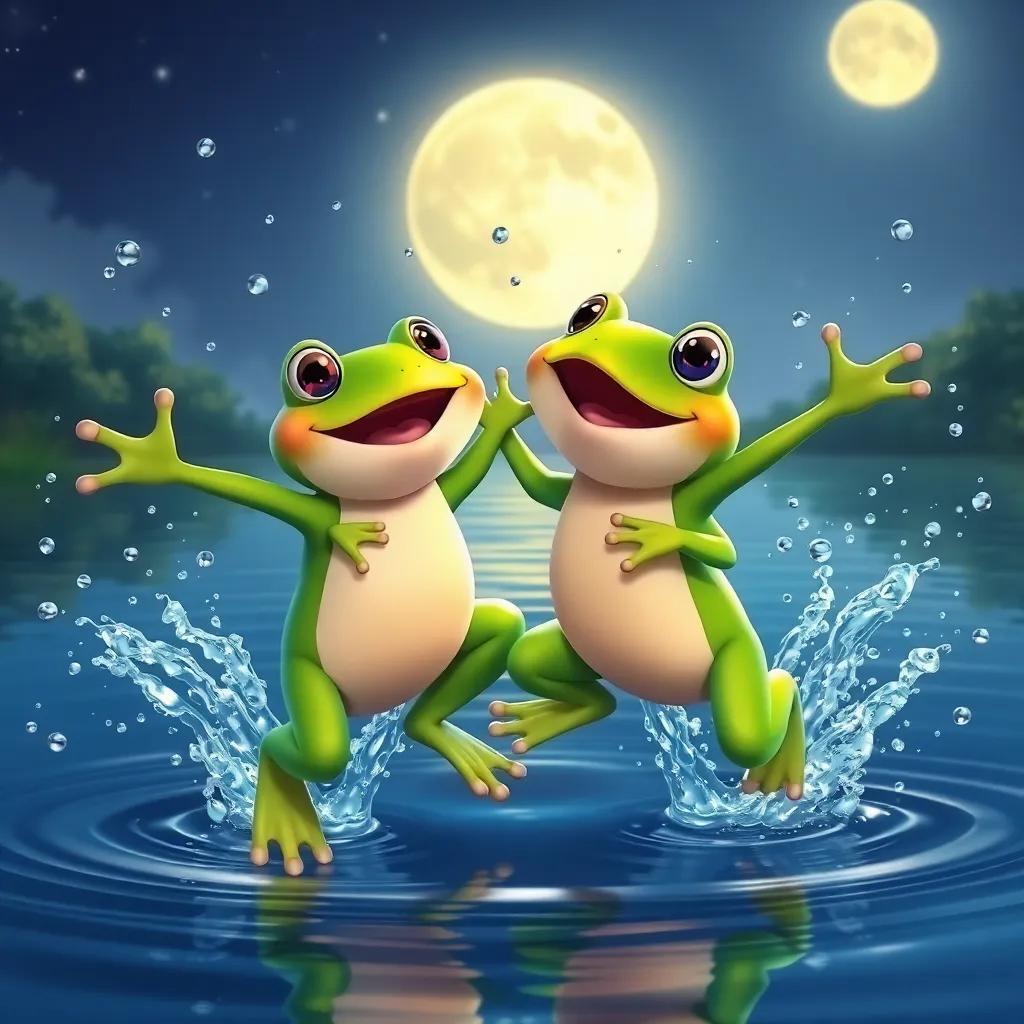 Two happy frogs jumping in the lake together, splashing water droplets around, laughter filling the air, under a full moon, colorful and joyous scene