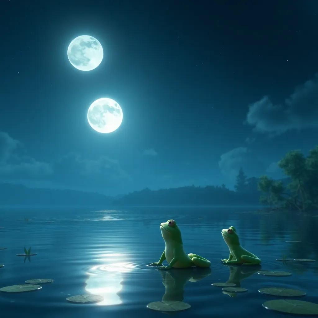A bright full moon shining beautifully in the night sky, reflecting on the lake’s surface, with the frogs looking up in awe, peaceful and magical ambiance, stunning detail