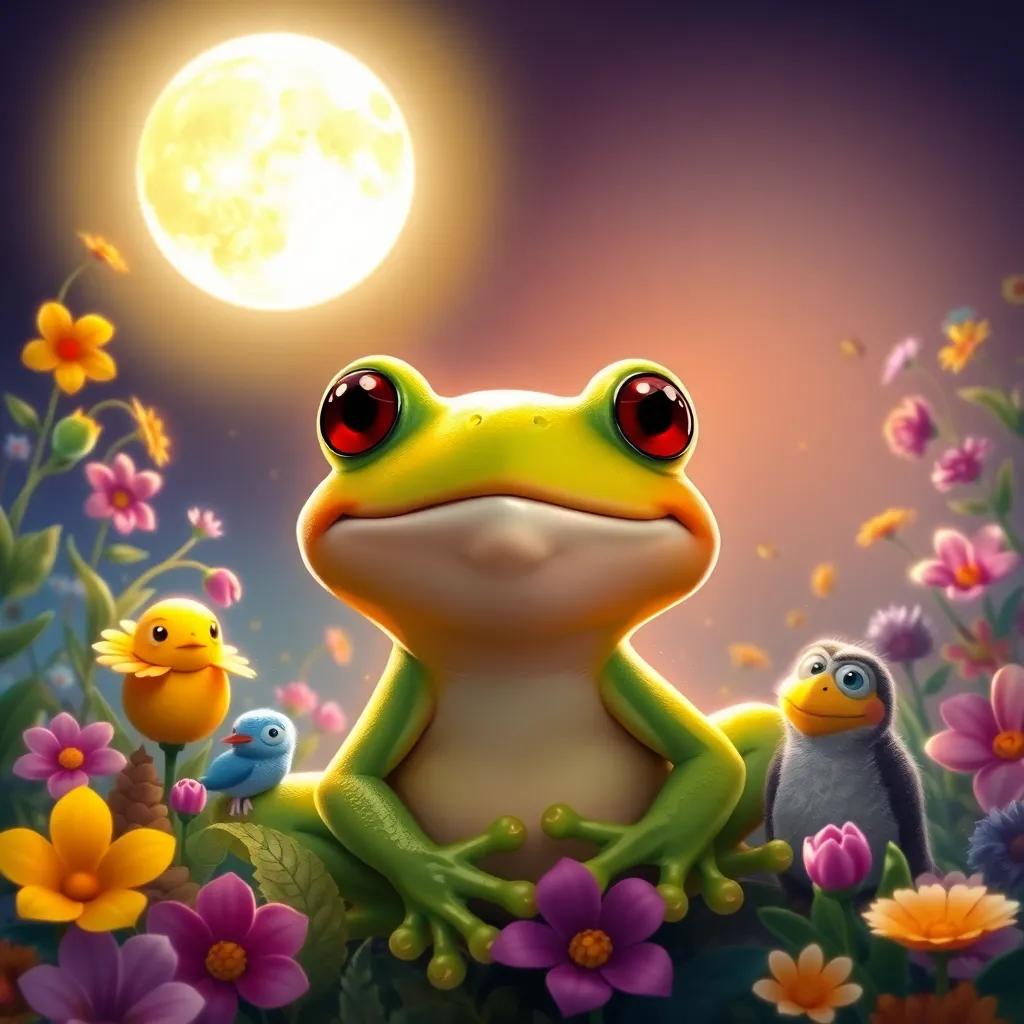 The frog smiling at the bright full moon, surrounded by colorful flowers and friendly critters, with a joyful heart and newfound friendships, glowing warmth in the scene
