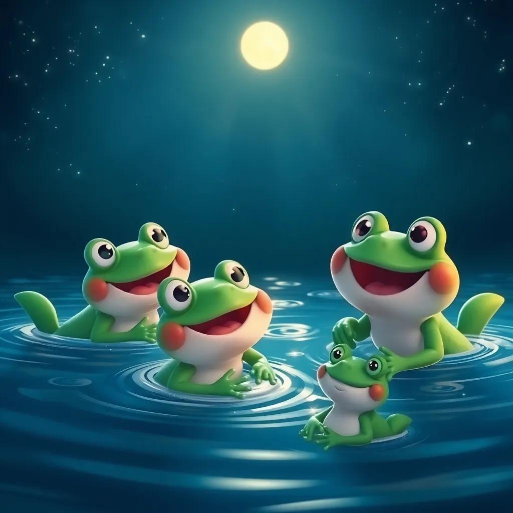 The happy frogs swimming together, playing games with sparks of joy in their eyes, under the starry sky with the moon shining brightly, delightful and engaging