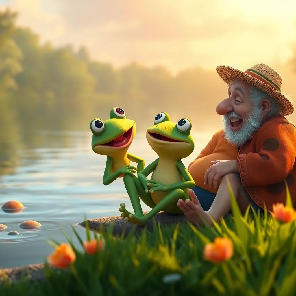A scene of the frog happily playing with old friends, sharing laughter by the edge of the lake, bright colors, perfect harmony of friendship and joy