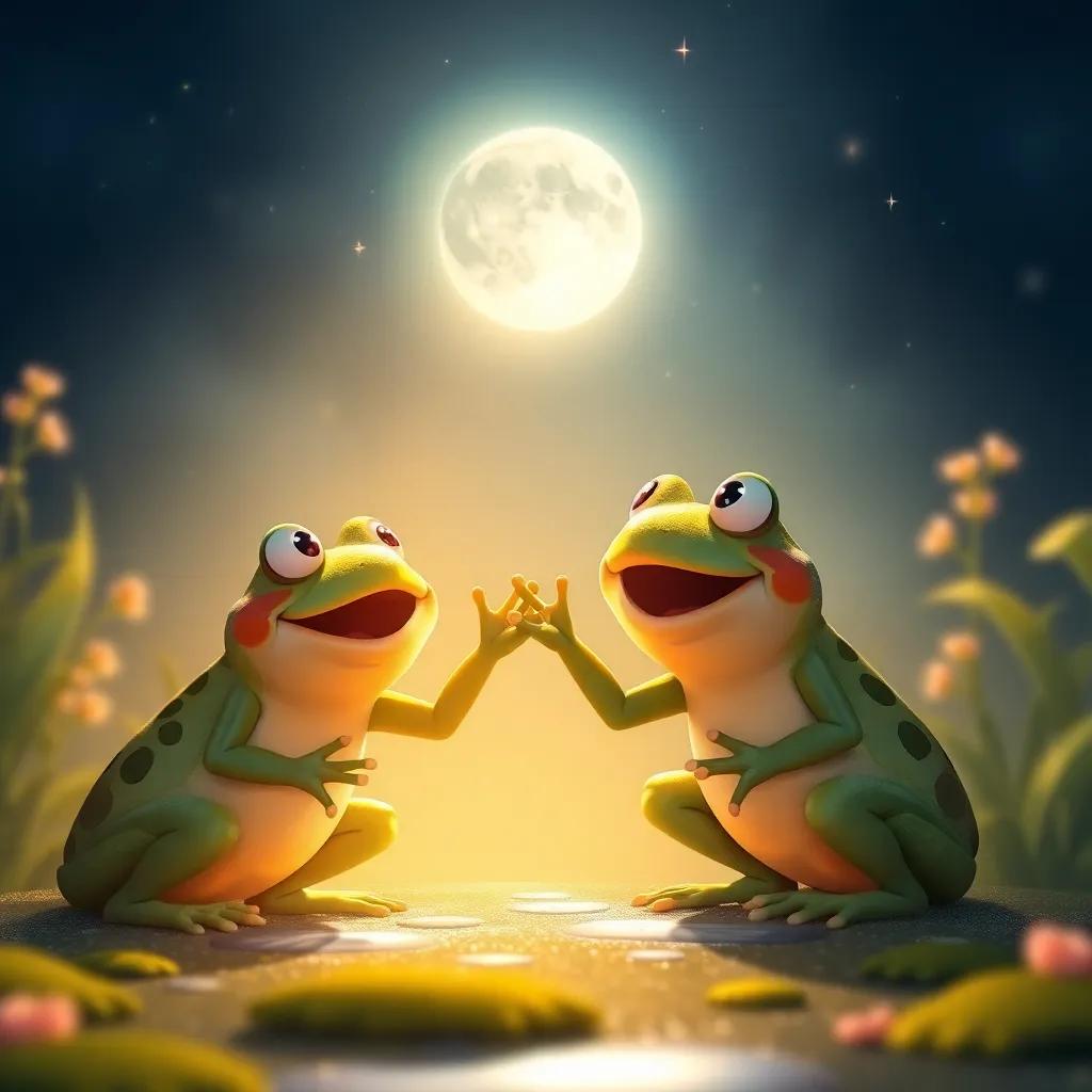 A final scene of the moon shining down upon the joyous frogs celebrating friendship, with a radiant glow, glittering stars above, warm and heartwarming imagery