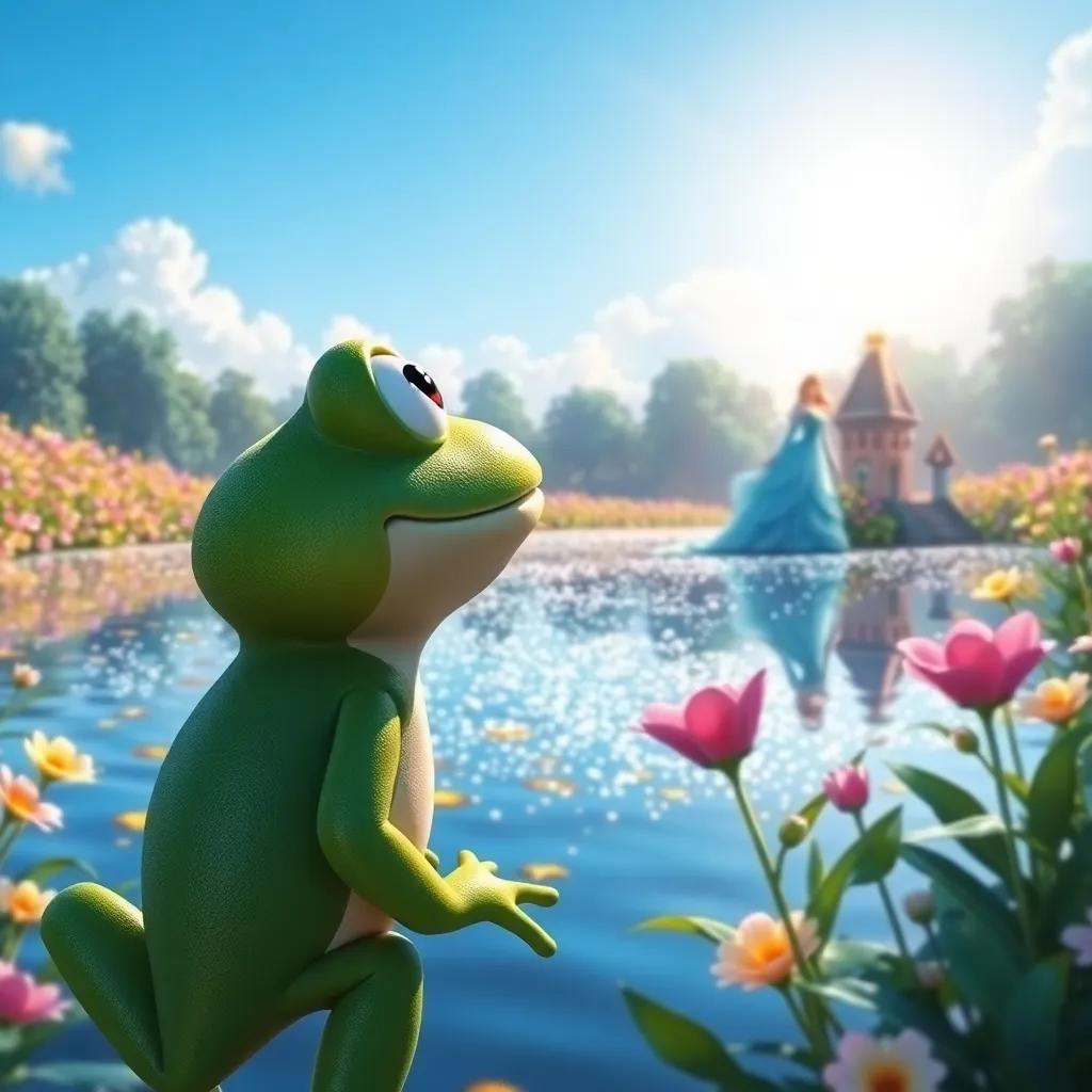 A green frog named Fred, looking at a beautiful princess by a sparkling lake filled with flowers, sunny day, cheerful atmosphere, vibrant colors, detailed digital art, high quality