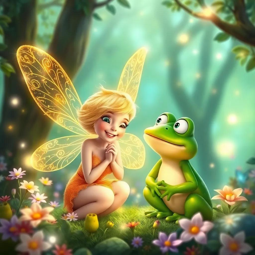 A shimmering fairy with golden wings, smiling gently at Fred the frog, surrounded by sparkling lights and flowers in a magical forest, colorful, inviting, illustration, heartwarming