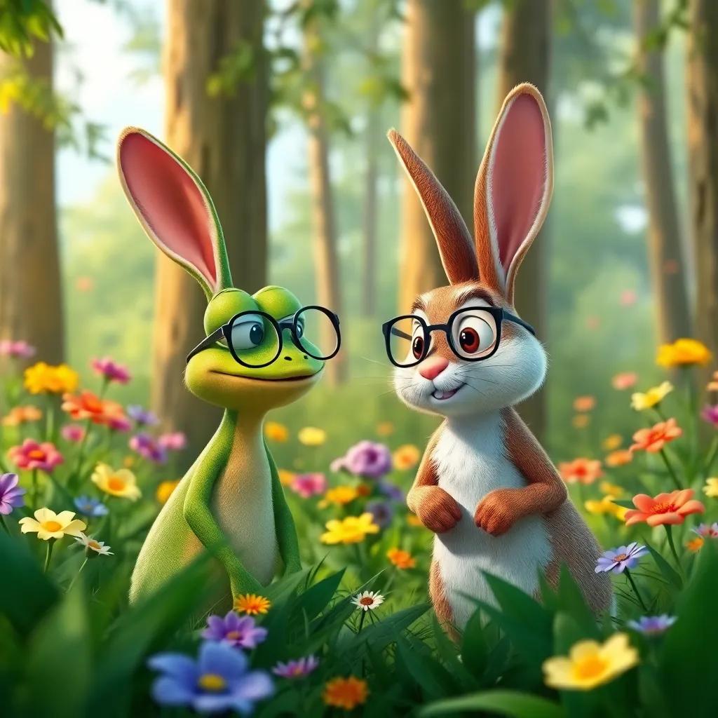 A wise rabbit wearing glasses, speaking to Fred the frog in a lush green forest, with colorful flowers and tall trees around them, friendly and vibrant, cheerful atmosphere, digital art, realistic