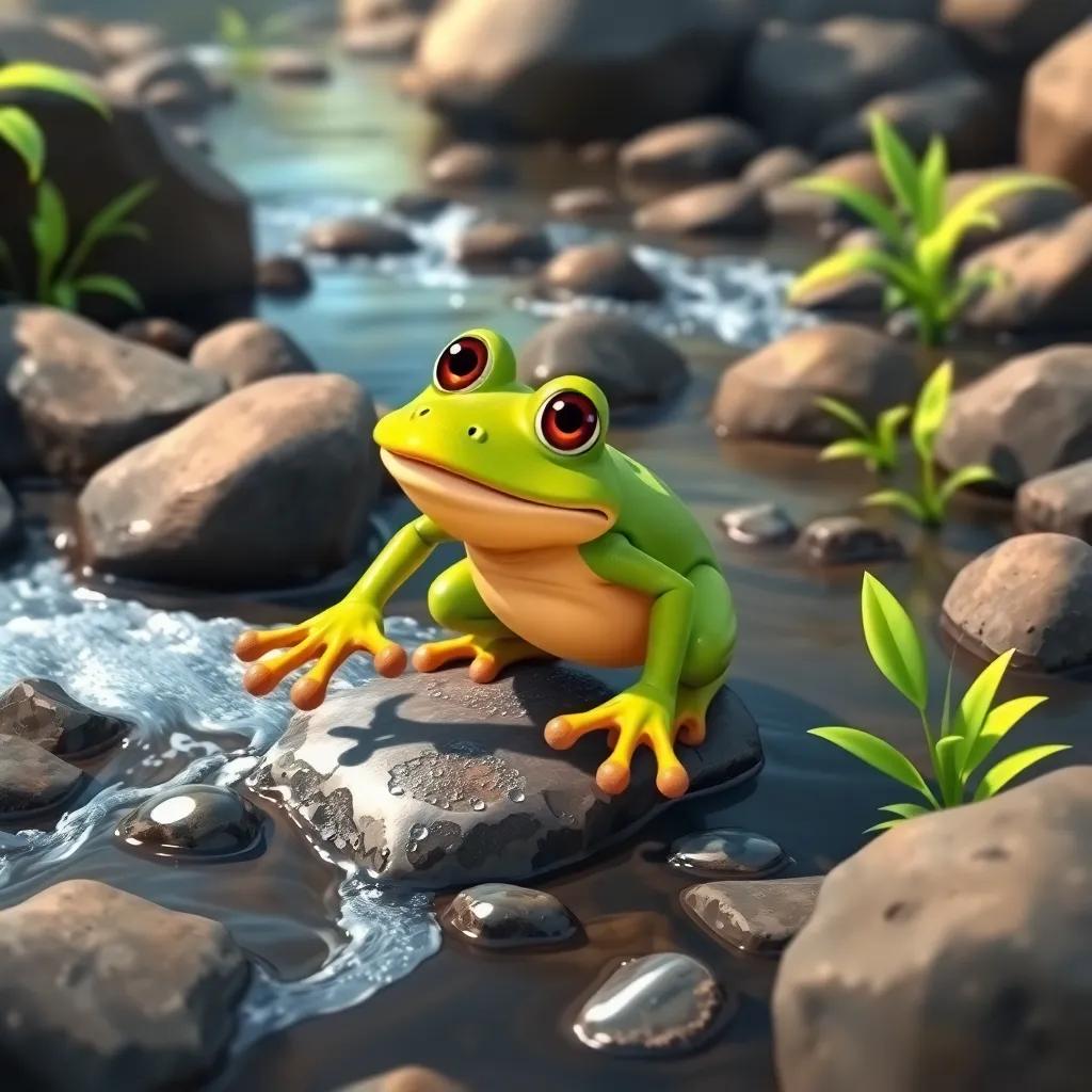Fred the frog, crossing a bubbling brook, determined, with rocks and bright green plants surrounding him, adventurous spirit, illustration, dynamic angle, high quality