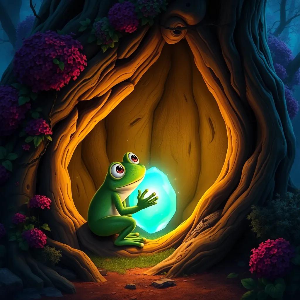 Fred the frog discovering a magical jewel in a hollow tree trunk, glowing softly, with vibrant colors of shrubbery and a mystical atmosphere, detailed art, fantasy theme, enchanting lighting