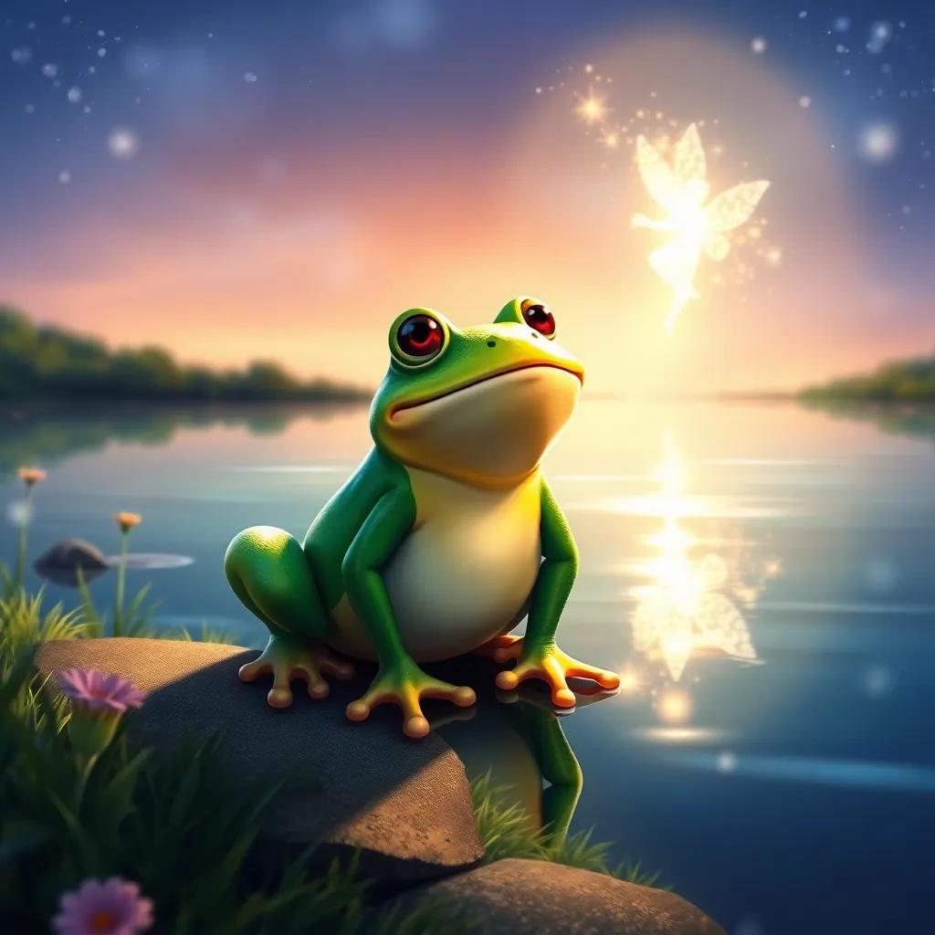 Fred, the happy frog, realizing his true self, glowing with a special light near the lake where a sparkling fairy dances in the background, joyful scenery, digital painting, warm light