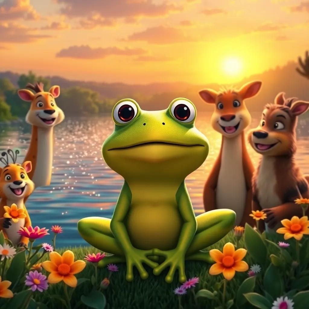 Fred the frog surrounded by joyful animal friends by the sparkling lake at sunset, their happy faces, colorful flowers, magical atmosphere, heartwarming scene, digital art, high quality