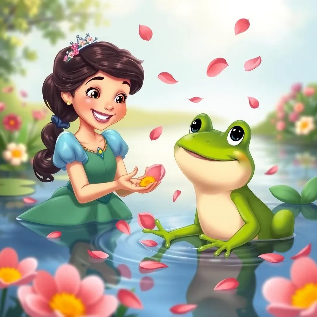 A young princess smiling and tossing flower petals into the lake where Fred the frog enjoys being himself, vibrant colors, cheerful mood, detailed illustration, heartwarming
