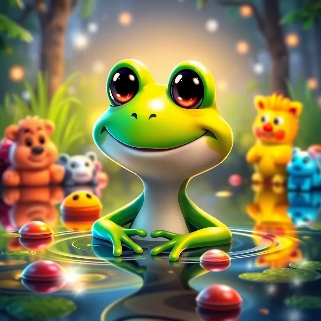 Fred the frog smiling brightly at the lake with magical reflections, surrounded by his animal friends, colorful, cheerful ambiance, digital art, playful