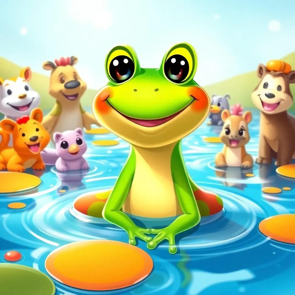 Fred the frog, happy and content in his magical lake, surrounded by friendly animal companions, vibrant colors, cheerful scene, illustration, high quality