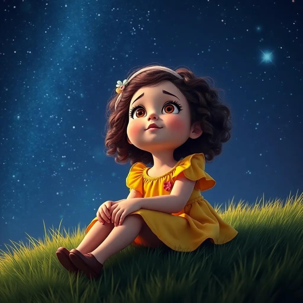 A young girl, Lúcia, with curly brown hair wearing a vibrant yellow dress, sitting on a grassy hill under a starry sky, looking up with wide eyes and a hopeful expression, digital art, whimsical, enchanted atmosphere, nighttime, high quality