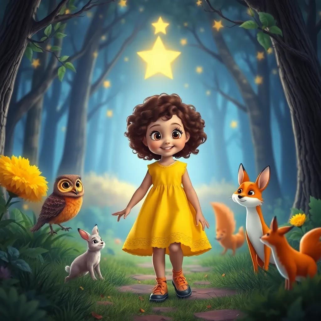 Lúcia, a young girl with curly brown hair wearing a vibrant yellow dress, walking through a magical forest illuminated by a bright star, surrounded by talking animals like an owl, a rabbit, and a fox, cheerful, vibrant colors, adventure scene, high quality