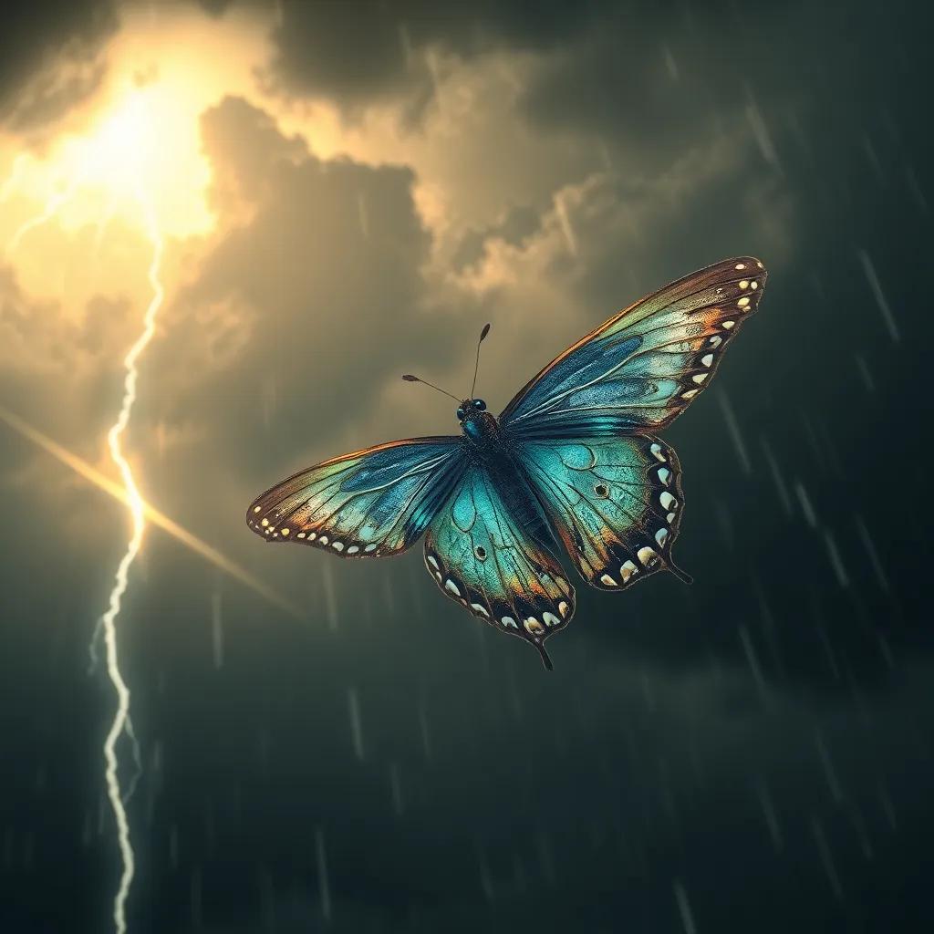 A borboleta decidida voando em direção a uma tempestade, gotas de chuva caindo ao seu redor, nuvens escuras e eletricidade no céu, arte digital, dramática, tons escuros e brilhantes