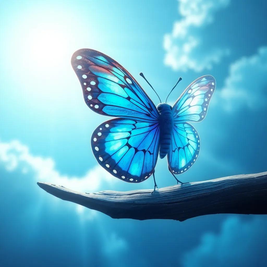 A borboleta com uma mancha azul recém-aparecida em suas asas, dançando no céu limpo após a tempestade, luz solar quente iluminando suas asas, ilustração, inspiradora, cores vivas