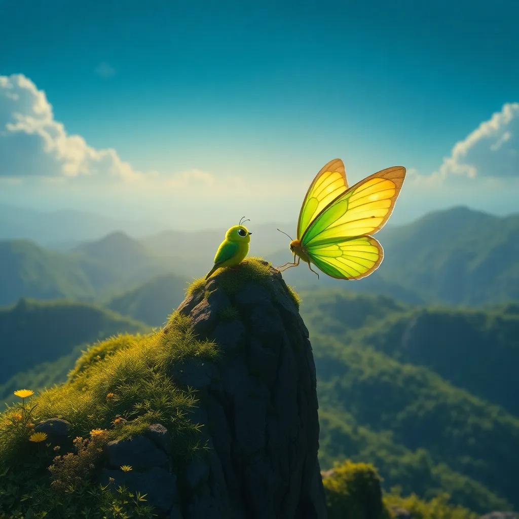 A borboleta no topo da colina, com um novo tom de verde em suas asas, olhando para a paisagem a partir do alto, digital painting, tranquila, luz suave, rica em detalhes