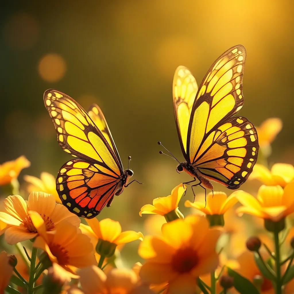 A borboleta conversando com uma mariposa solitária, ambas sentadas entre flores, atmosfera calorosa e acolhedora, digital art, amigável, iluminação suave