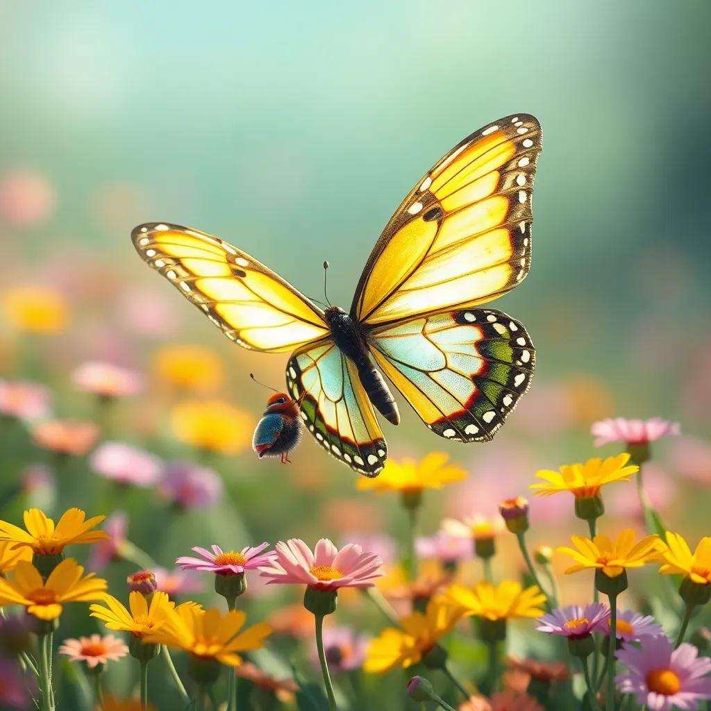 A borboleta de asas douradas após ajudar a mariposa, flutuando em um campo florido, simbolizando empatia e amizade, arte digital, alegre, cores quentes