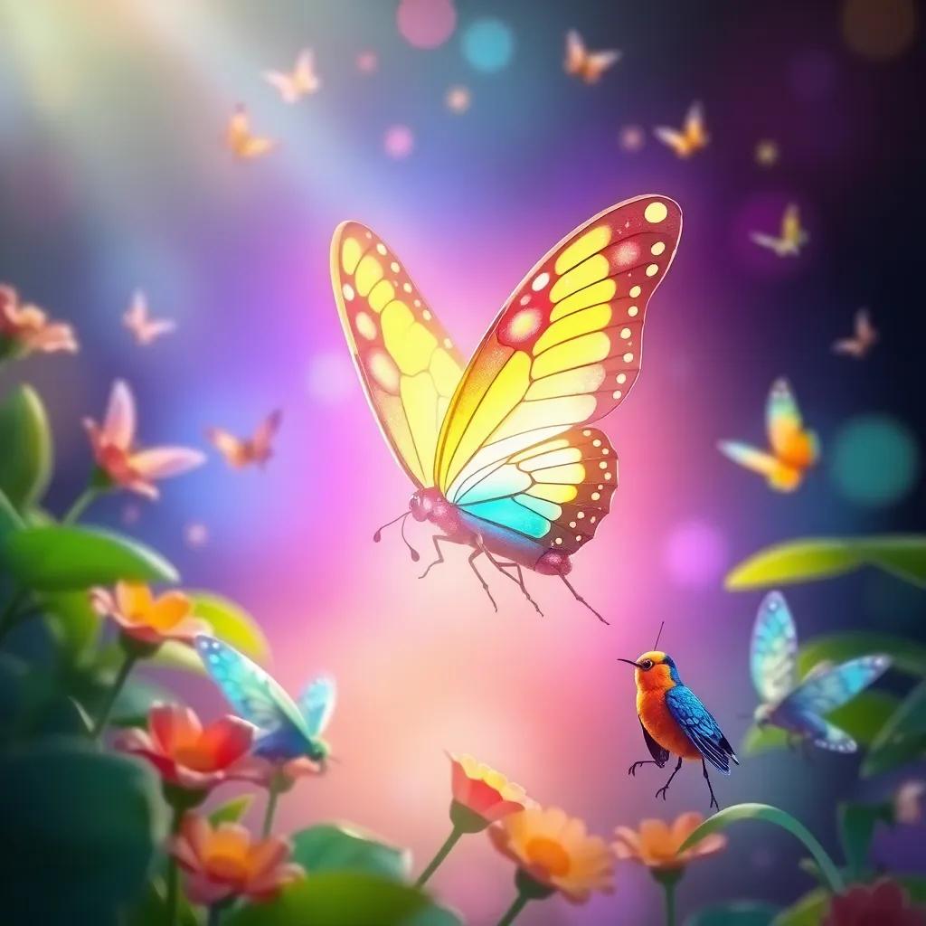 A borboleta com suas asas radiante de várias cores, retornando ao jardim e sendo admirada por outras borboletas, vibrante, ilusões coloridas, arte digital