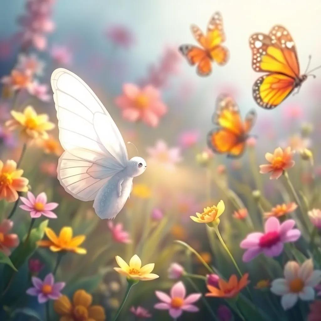 A small white butterfly, alone in a colorful garden, feeling sad as she looks at other butterflies with vibrant wings, soft light, pastel colors, heartwarming scene, digital art, highly detailed
