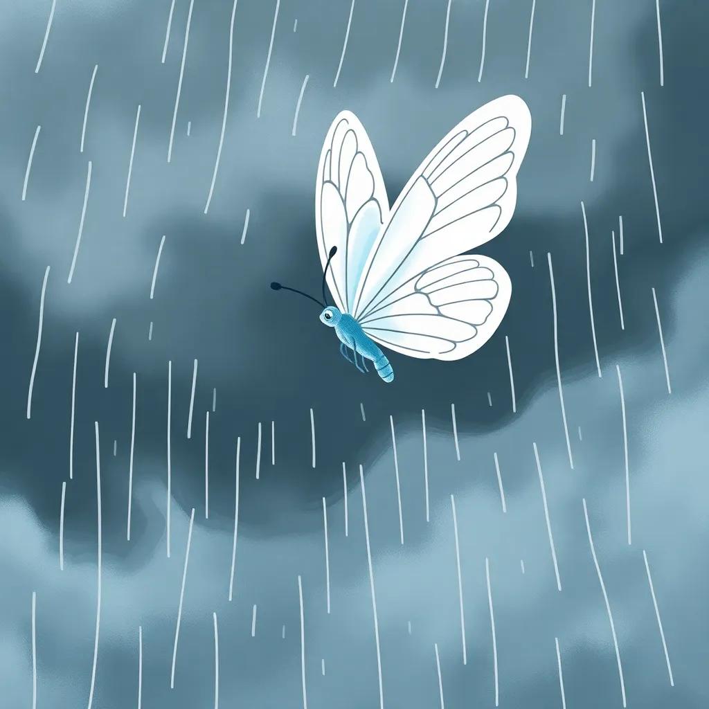 The same white butterfly flying in a fierce storm, raindrops falling, wind blowing, her wings slightly stained with blue, stormy sky in the background, dramatic atmosphere, illustration, child-friendly