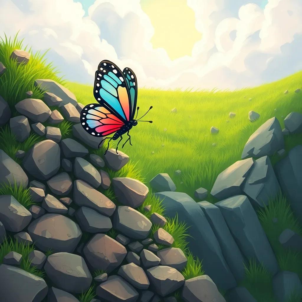 The butterfly struggling up a steep hill covered with rocks, showcasing determination, green grass in the background, sunlight breaking through clouds illuminating her, inspirational scene, colorful, digital painting