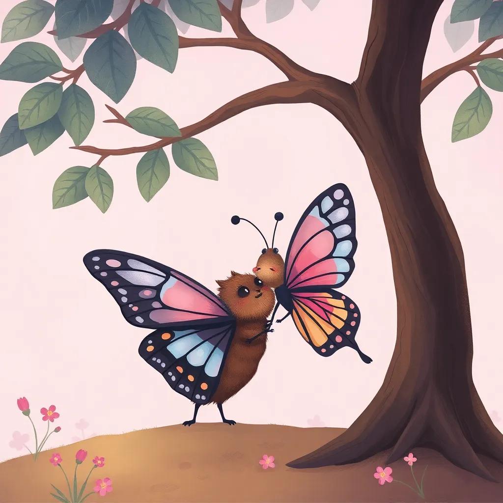 A lonely moth crying under a tree with the butterfly comforting her, both sharing a warm moment, soft shades of pink and purple in the background, tender friendship, illustration, highly detailed