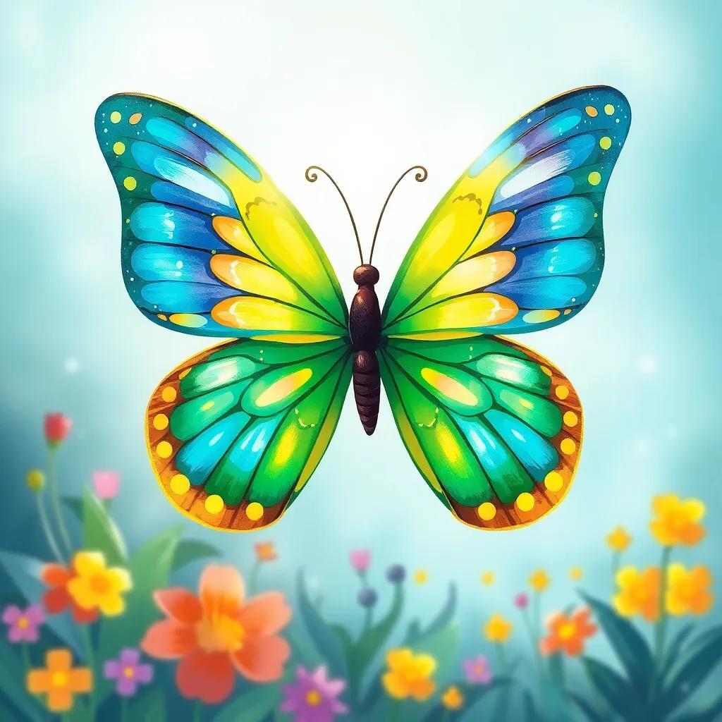 The butterfly’s colorful wings after overcoming many challenges, showing blue, green, and golden colors, dancing in the wind, joyful and vibrant garden scene, cheerful, digital art, bright and inviting