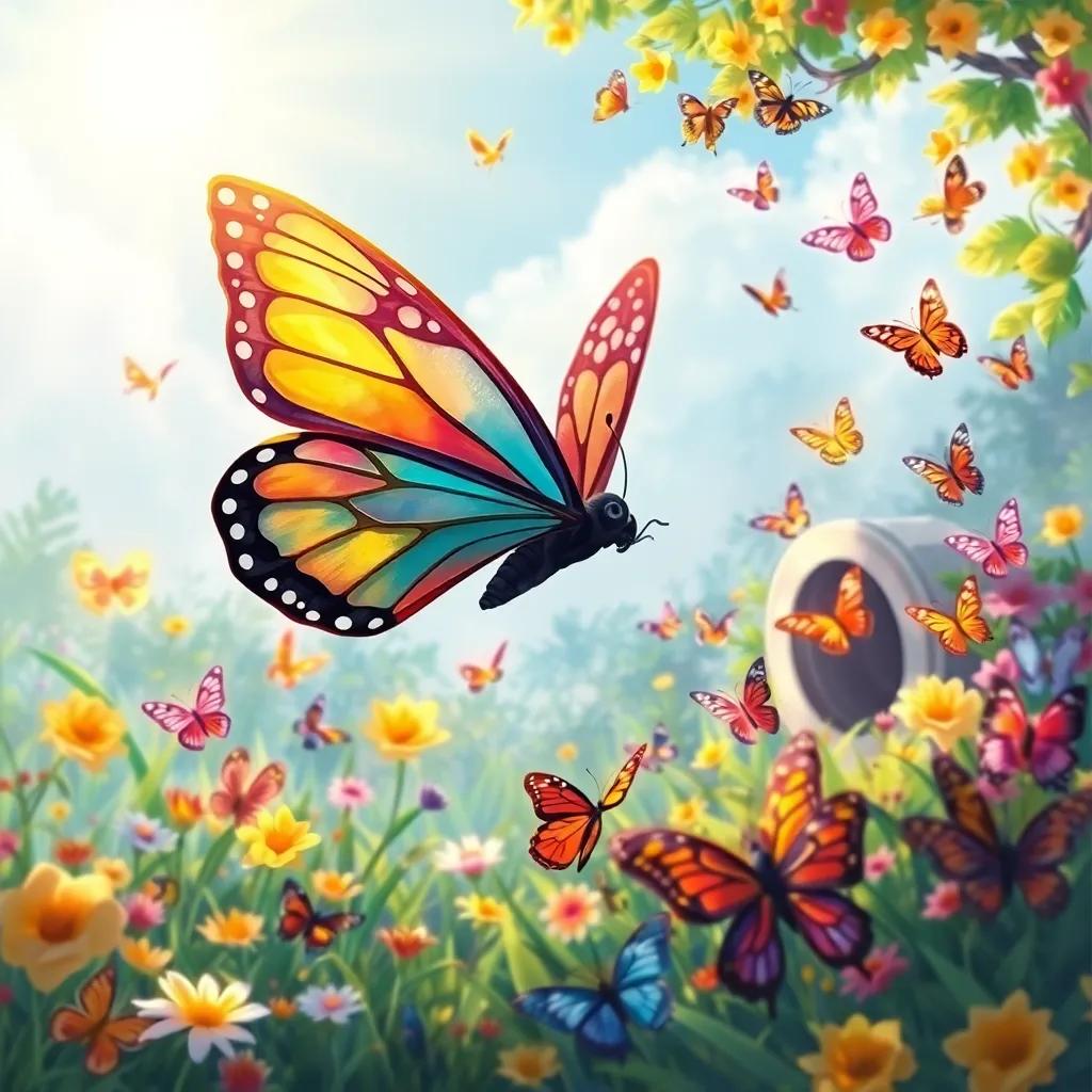 The colorful butterfly returning to the enchanting garden, a crowd of butterflies gathering around, amazed by her wings, warm sunlight shining, magical atmosphere, illustration