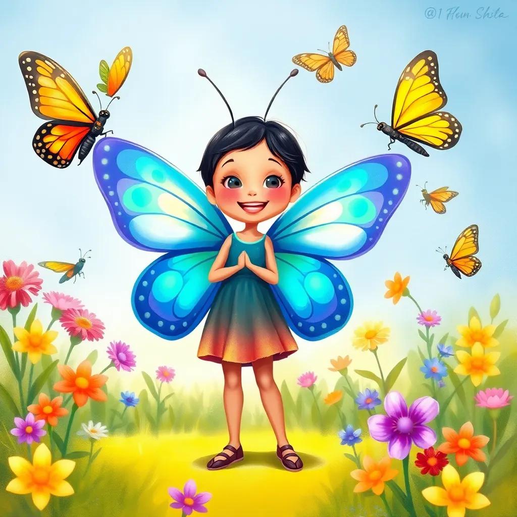 The butterfly smiling and sharing her story with other butterflies, standing confidently with her colorful wings, a sense of wonder in the air, colorful flowers surrounding her, heartwarming scene, digital painting