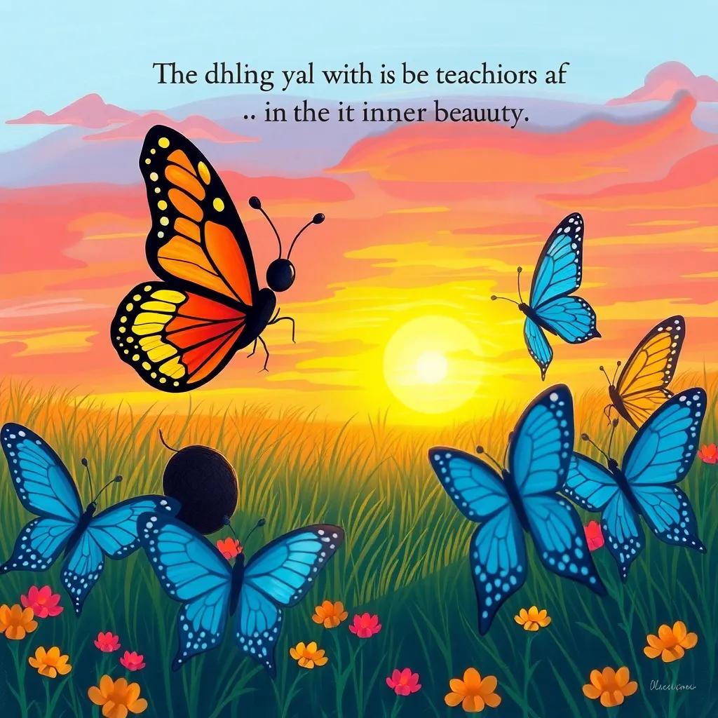 The butterfly teaching a group of butterflies about inner beauty, all engaged and listening, with colors of the sunset in the background, reflective and uplifting moment, illustration, bright colors